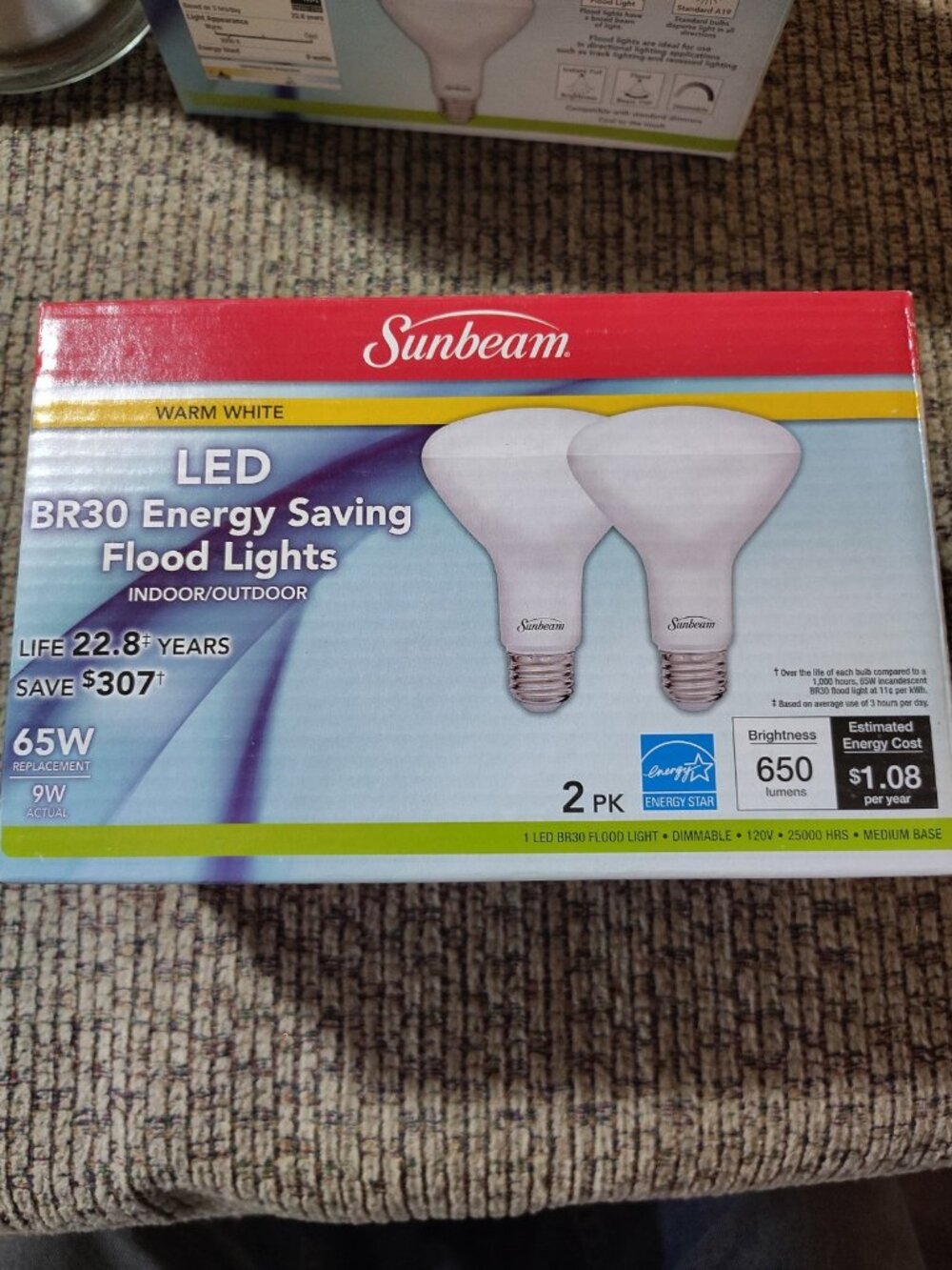 Pack of 2 Dimmable Sunbeam 65W LED Flood Light Bulbs BR30 Replacement Indoor
